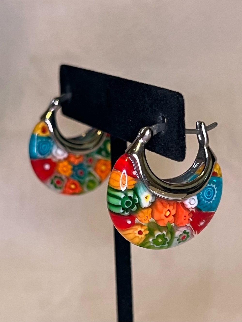Colorful Murano Style Millefiori Glass Hoop Earrings